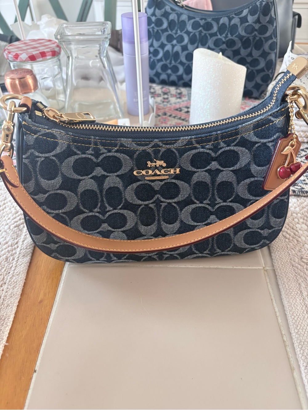 Coach Denim Signature Canvas Shoulder Bag with Cherry Charm